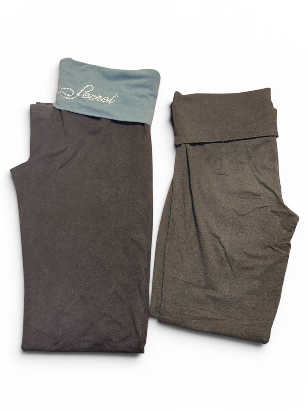 Victoria's Secret Black Leggings with Teal Fold-Over Waist and Logo